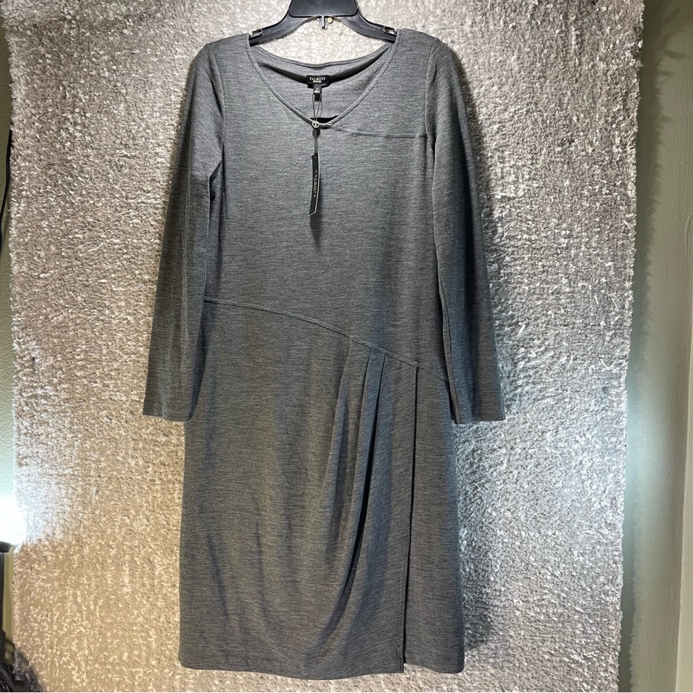 TALBOTS Ruffle Hem Midi Dress V-Neck Merino Wool Blend Gray Knit Size S NWT
